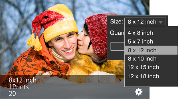 Get standard print sizes inbuilt in Photo Xpress. Size selection will resize the photos