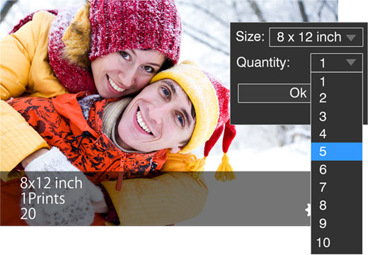 Like photo size, you can also manage printing quantity for one, many or photos with Photo Xpress