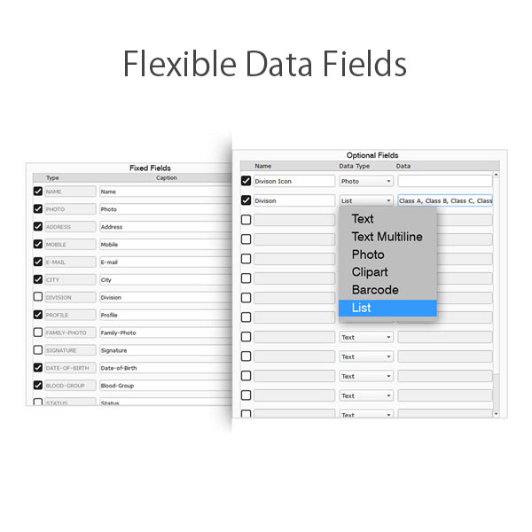Get flexible data fields, change captions or define 10 Optional Fields, data type with Icard Xpress